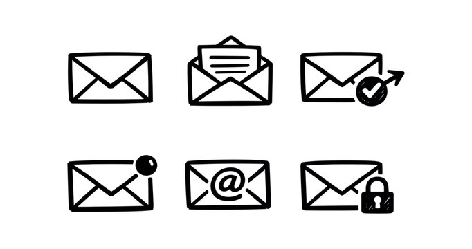 Six envelope mail icons including closed, open, sent, unread, email at, locked