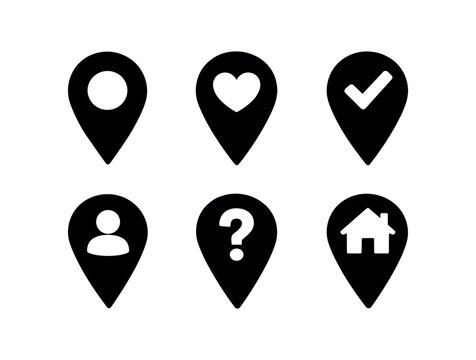 Six solid black map pin markers with interior symbols such as heart, check, user, question, and house.