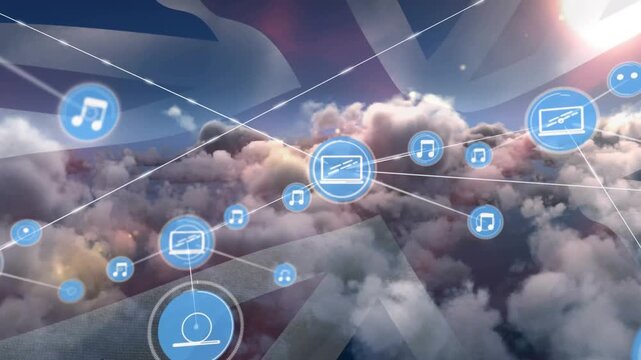 Animation of laptop and music icons connecting with lines over flag of united kingdom and clouds