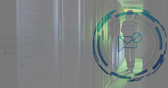 Animation message block icon against asian male engineer using laptop at computer server room