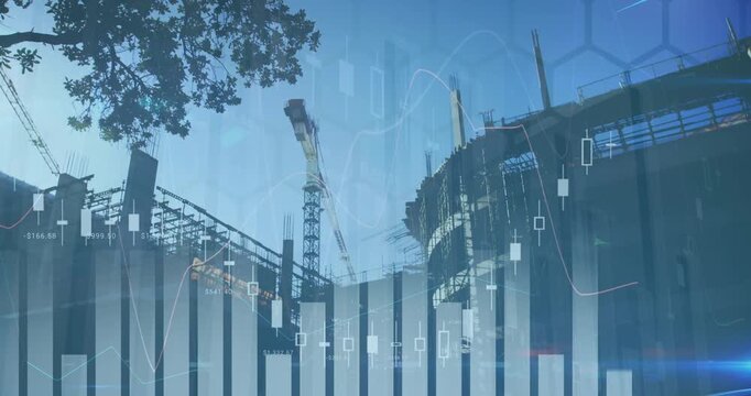 Animation of multiple graphs over low angle view of under construction building against sky