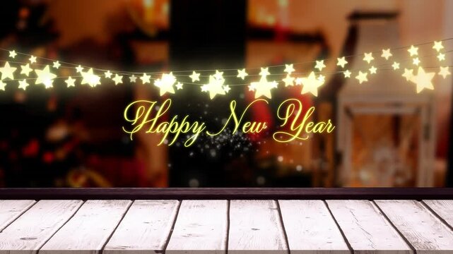Animation of happy new year text and hanging fairy lights over wooden plank against decorated house