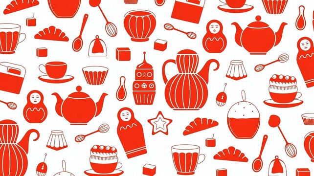 Red and White Seamless Pattern of Russian Tea Party and Bakery Elements