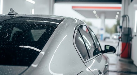 Fototapeta premium Modern silver sedan car parked at a gas station during a rainy day with water droplets on the polished bodywork