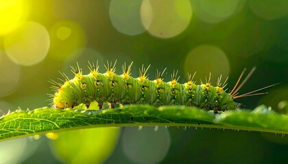 Fototapeta premium Caterpillar on Leaf with Green Background.