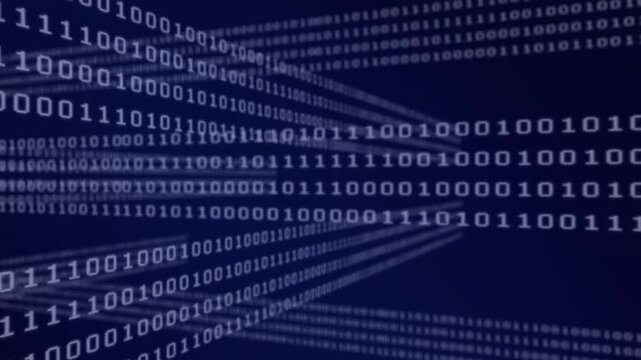 Animation of binary coding and data processing over dark background