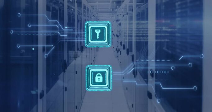Animation of digital data processing, padlock and key icons, circuit board and computer servers