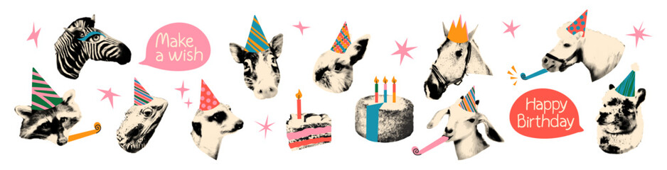 Happy birthday halftone collage cut out set. Various animals heads in party hats, lama and raccoon, horse and meerkat. Modern retro vector illustration funny mixed media design and scrapbook isolated