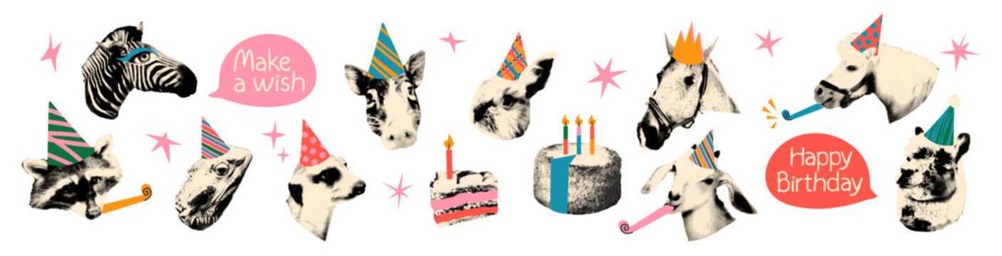 Happy birthday halftone collage cut out set. Various animals heads in party hats, lama and raccoon, horse and meerkat. Modern retro vector illustration funny mixed media design and scrapbook isolated