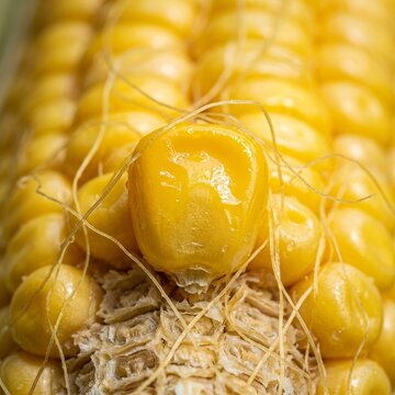 Close-up of a single corn kernel on an ear of corn with silk