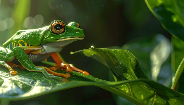 Green frog on a leaf outdoors.