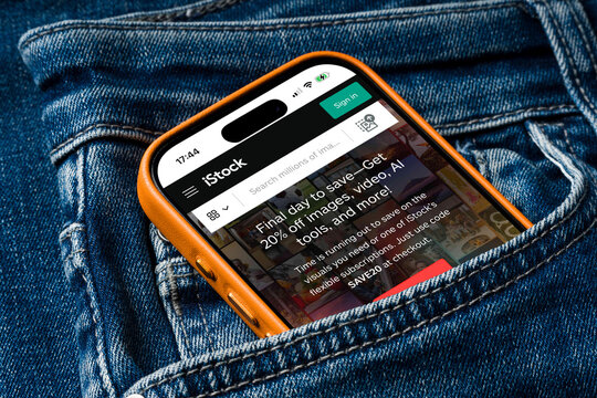 Antalya, Turkey - March 24, 2026: iStock Getty Images website and istock app interface displayed on smartphone screen