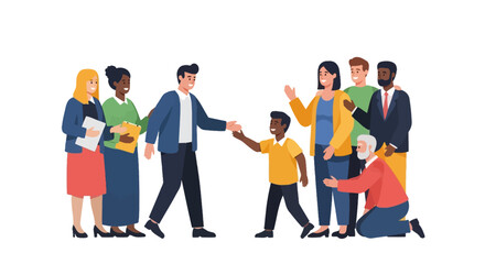 Obraz premium Diverse Group Welcomes Young Boy with Handshake: Community Inclusion, Mentorship & Support