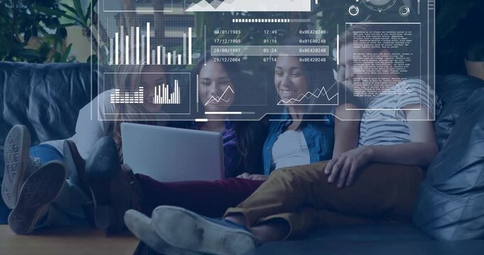 Animation of equations over happy diverse friends using laptop relaxing on couch