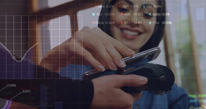 Animation of financial data processing over diverse people paying with smartphone