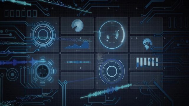Animation of futuristic digital interface processing data with graphs and charts