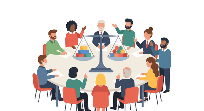 Diverse Team Meeting: Weighing Options for Fair Decisions, Justice & Equality with Scale of Justice