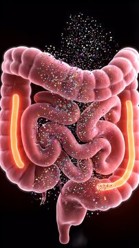 Dynamic animations illustrate the process of digestion and the role of gut bacteria in maintaining overall health