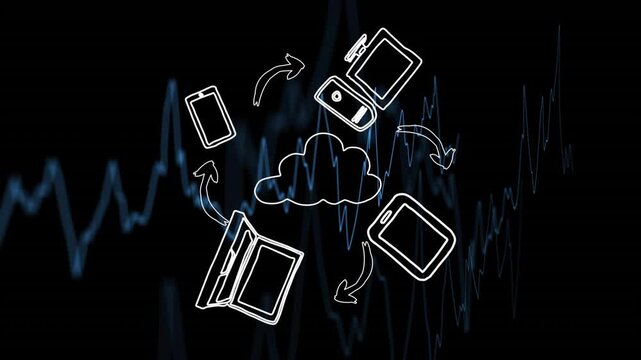 Connected devices with cloud computing and digital waveform animation in background