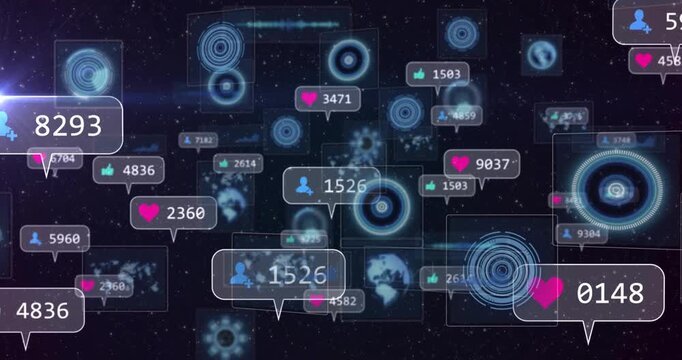 Social media notifications appearing over digital network background in animation