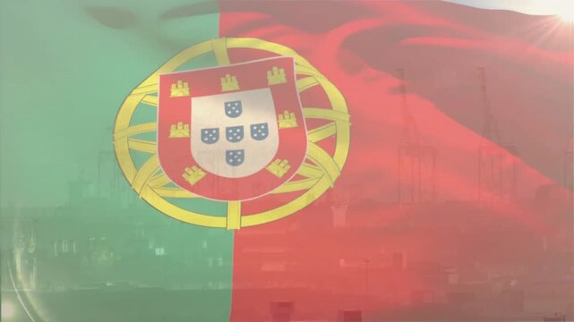 Waving Portuguese flag over industrial port with cranes in background animation