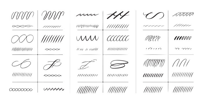 Calligraphy practice sheet with repetitive pen strokes flourishes and elegant cursive writing style patterns