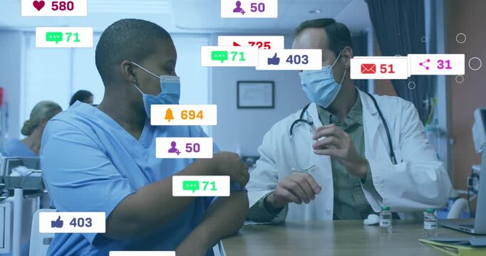 doctor administering vaccine to nurse in medical clinic, showing floating social media icons