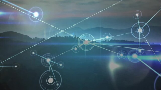 Futuristic network overlay floating over mountain ridges, showing glowing nodes linking hills