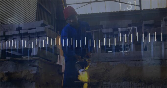 Foundry worker igniting torch and pouring molten metal into crucible, monitoring flow via overlays