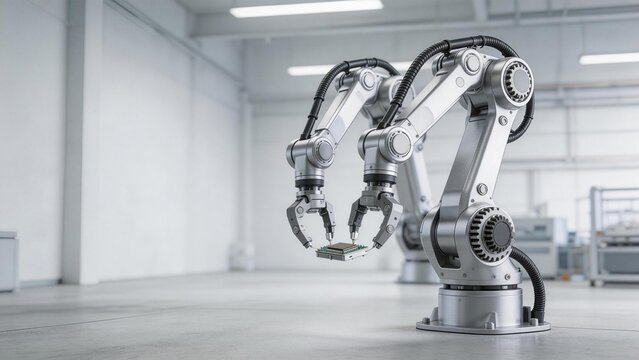 Industrial robotic arms in factory