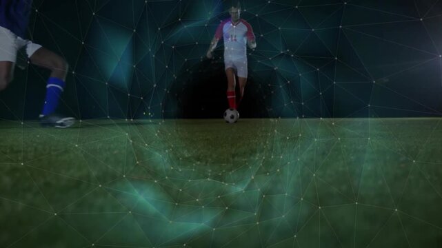 Soccer player dribbling ball under lights, evading slide with swirl and lifting opponent up