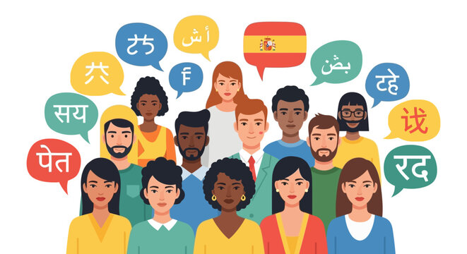 Diverse Group of People with Speech Bubbles Representing Various Languages and Cultures, Global Communication and Multilingualism Concept