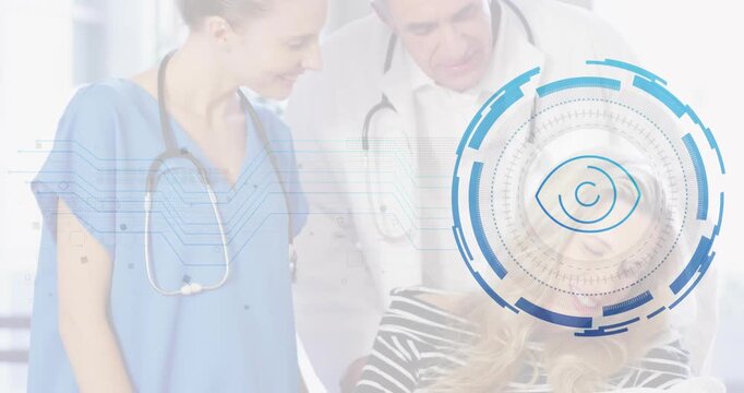 Nurse and doctor talking activating UI overlay monitoring newborn health, mother cradling infant