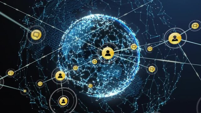 Rotating blue wireframe globe spawning yellow user, message icons with white lines, showing network