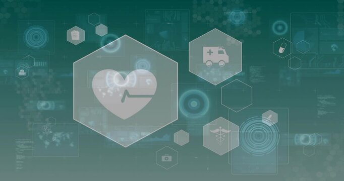 Fading in heart panel activating medical, document, camera icons pulsing grid for health monitoring
