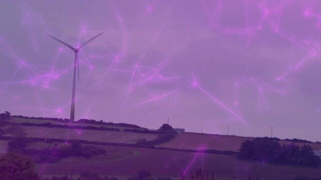 Purple overlay intensifying initiating wind turbine rotating clockwise syncing data flow
