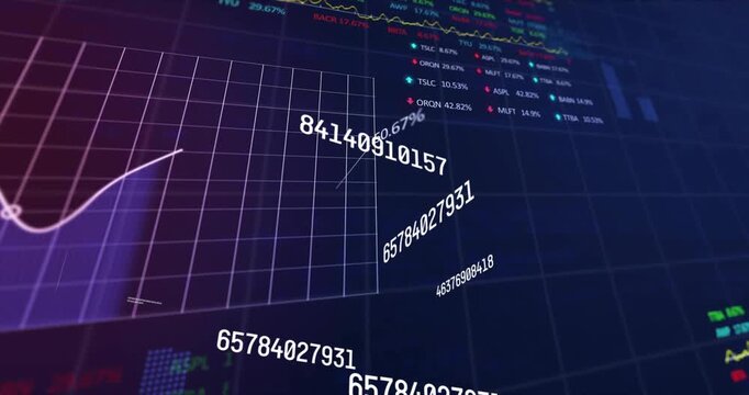Opening 3D grid rotating number labels then shifting into dual-line graph showing market trends