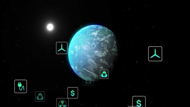 Neon-green icons emerging from lower edges and rising around planet, illustrating energy network