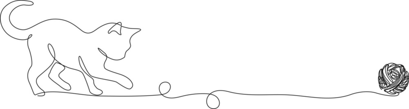 minimalistic continuous line drawing of cat playing with ball of wool, line art vector illustration