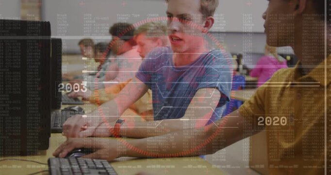 Teen male typing in school PC lab, camera pulling back while timeline HUD overlays for classwork