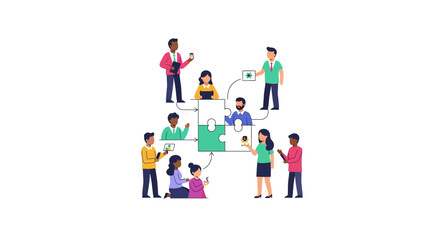 Fototapeta premium Diverse Team Collaboration Solving Puzzles. Business people working together on strategy, problem-solving, and project development concept.