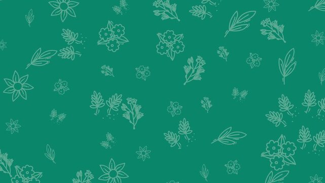 Seamless looping botanical doodle pattern animation on green background. Stylish hand-drawn floral and leaf motion backdrop, ideal for nature, eco, organic, and decorative video projects.