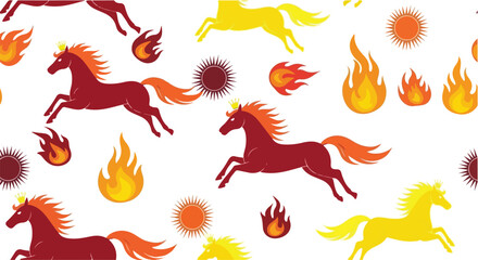 Obraz premium Vector illustration set of red horse silhouettes and fire dragon tattoo symbols featuring fantasy animal art patterns and orange flame icon designs