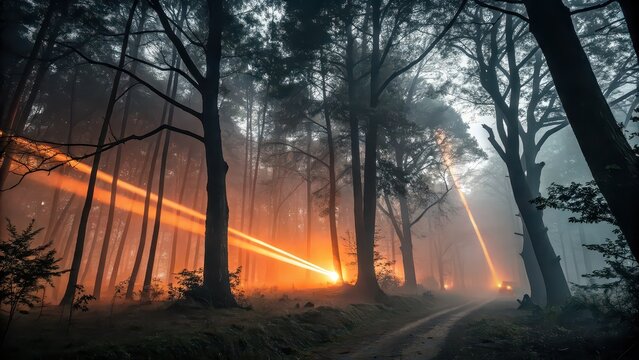 Dramatic forest with orange light beams and fog, cinematic woodland scene, mysterious atmosphere, fantasy or sci fi background