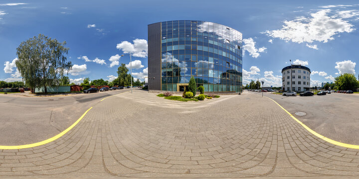 full seamless spherical hdr 360 panorama on crossroads street near multistory building area of urban development in sunny day in equirectangular projection, AR VR content