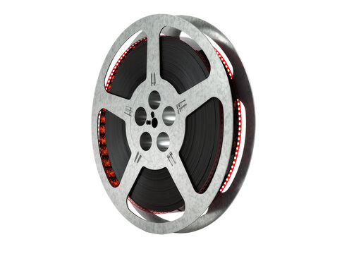Isolated metal film reel with movie filmstrip inside, cinematic vintage entertainment media