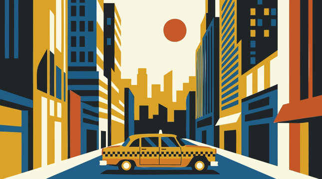 Graphic illustration of a city street with a yellow taxi, geometric buildings, and a sun, depicting urban travel