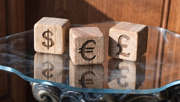 Wooden blocks with dollar euro and pound symbols on glass tray