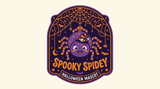 A smiling cartoon spider mascot logo with orange and purple designs