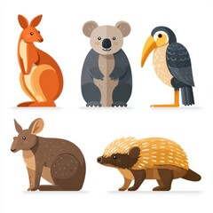 Naklejka premium Flat Design Set of Six Australian Animals Showing Kangaroo, Koala, Wombat, Platypus, Echidna and Kookaburra on a White Background